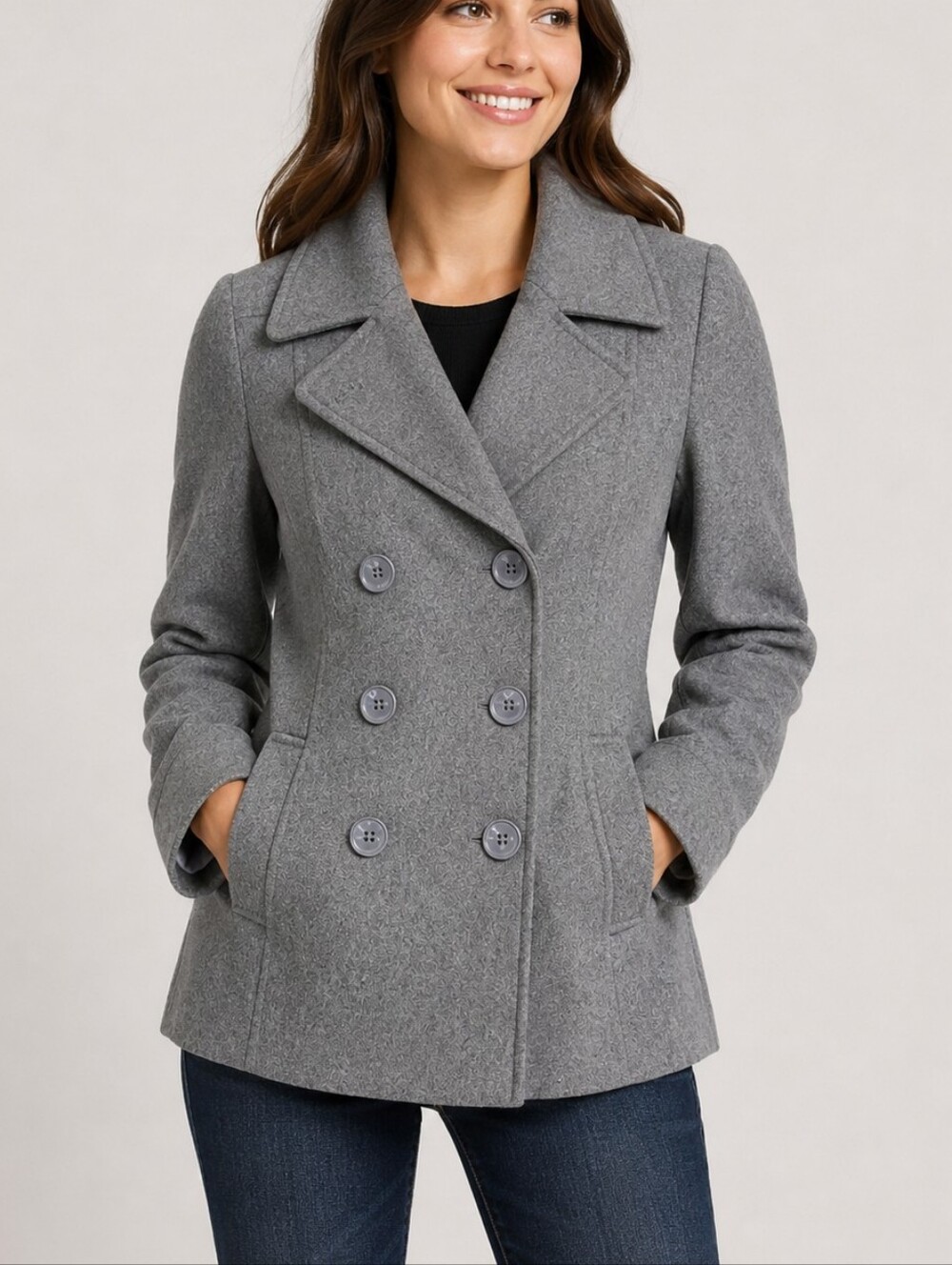 Rampage Women’s Medium Slate Gray Double Breasted Peacoat Coat Wool Look